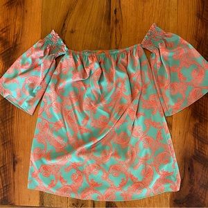 Voom by Joy Han Beautiful Seafoam Green & Orange Paisley Print Lined Top, Sz Sml